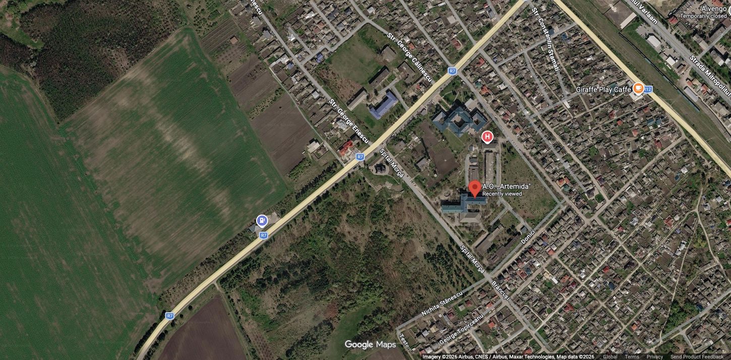 Hartă satelitară Google Maps cu sediul A.O. Artemida marcat în Drochia